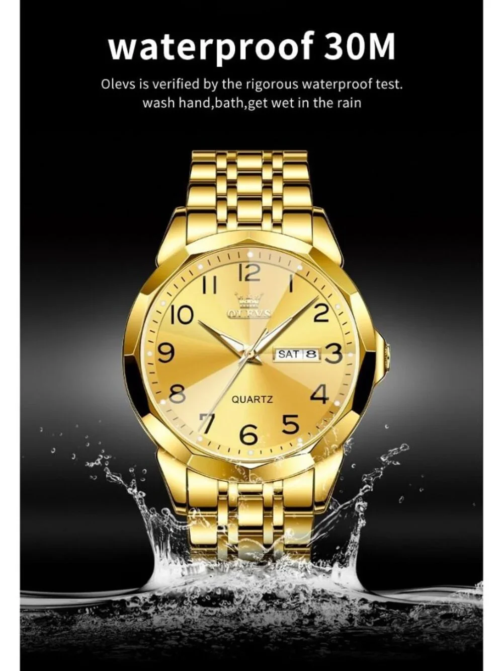 Men's All Gold Analog Simple Business Stainless Steel Waterproof Luminous Watch